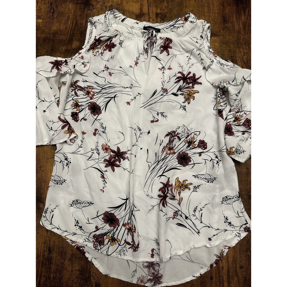 Le Château Women's White with Burgundy Floral Cold-Shoulder Blouse - Medium